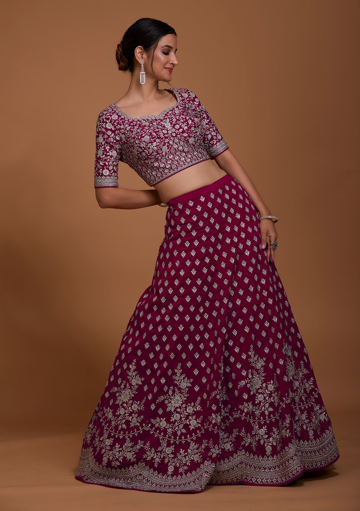 Rani Pink Silver Zariwork Raw Silk Lehenga-Koskii