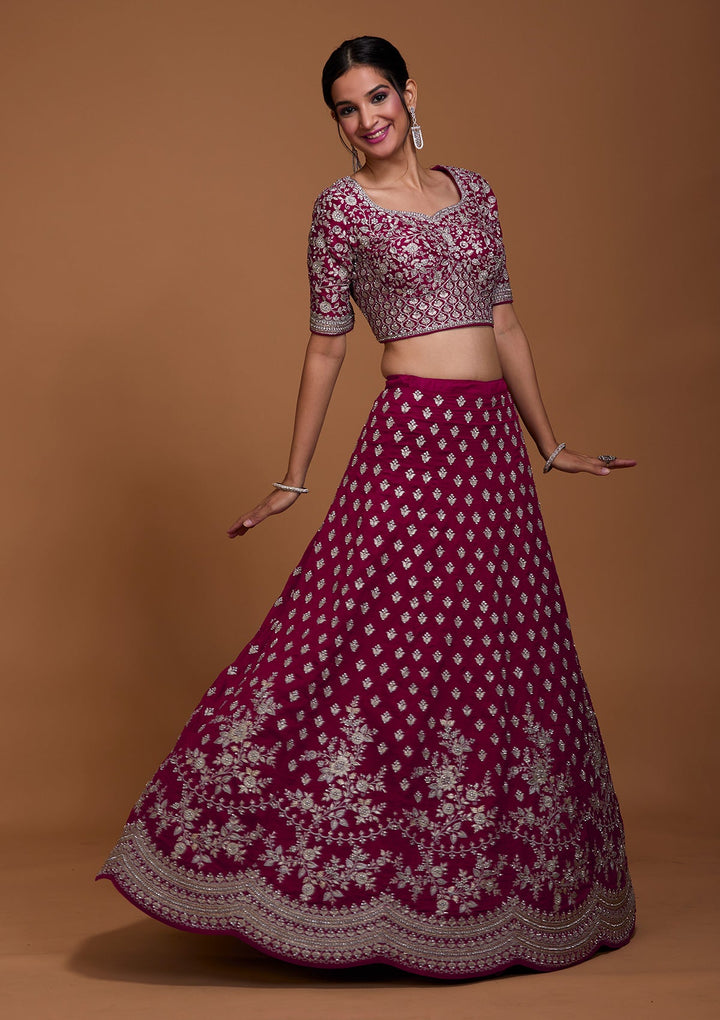 Rani Pink Silver Zariwork Raw Silk Lehenga-Koskii