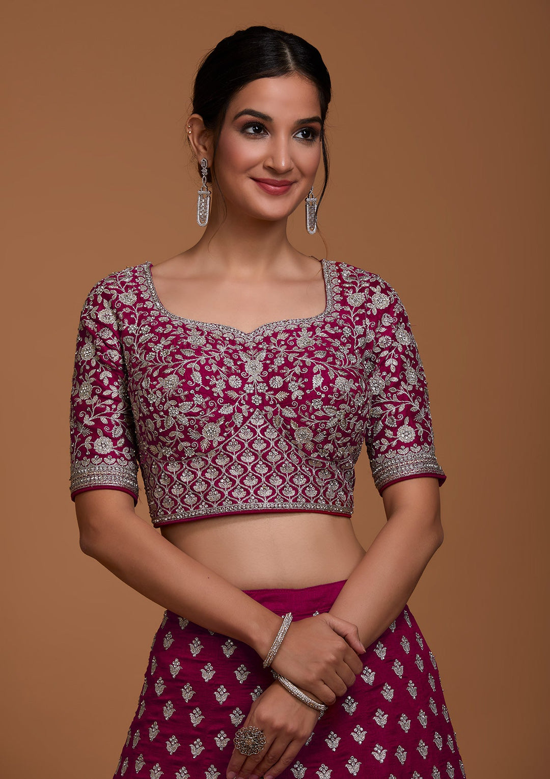 Rani Pink Silver Zariwork Raw Silk Lehenga-Koskii