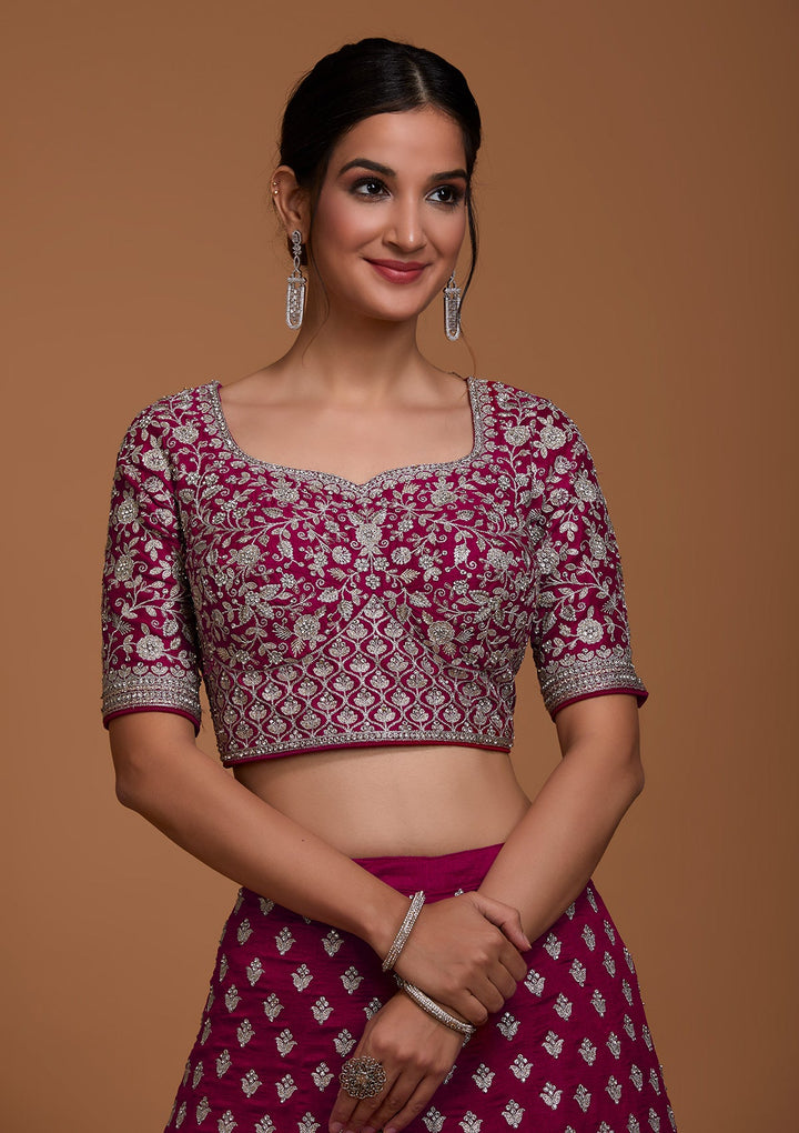 Rani Pink Silver Zariwork Raw Silk Lehenga-Koskii