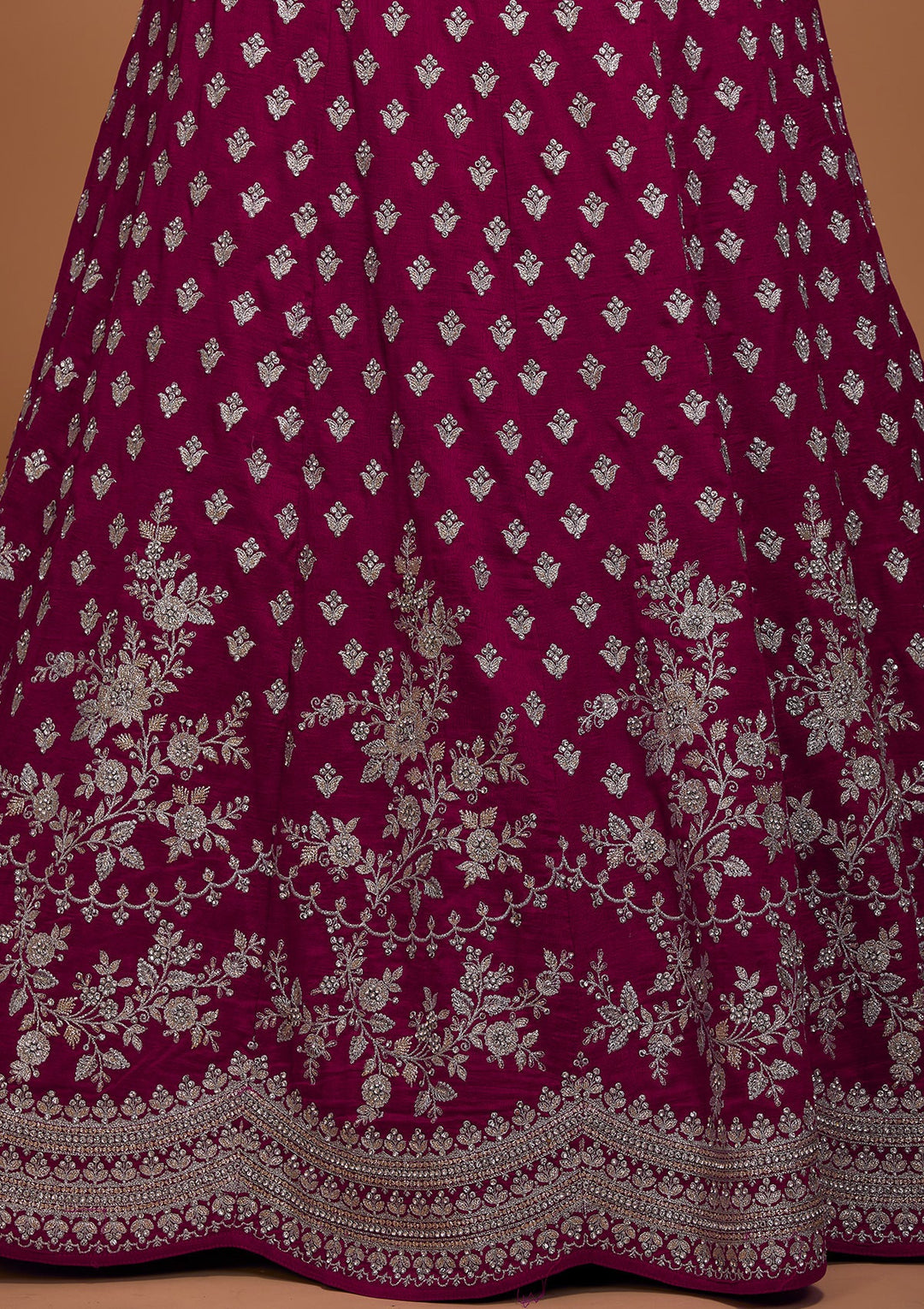 Rani Pink Silver Zariwork Raw Silk Lehenga-Koskii