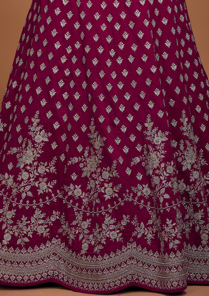 Rani Pink Silver Zariwork Raw Silk Lehenga-Koskii