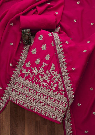 Rani Pink Silver Zariwork Raw Silk Unstitched Salwar Suit-Koskii