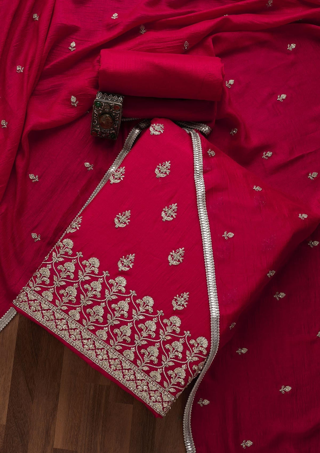 Rani Pink Silver Zariwork Raw Silk Unstitched Salwar Suit-Koskii