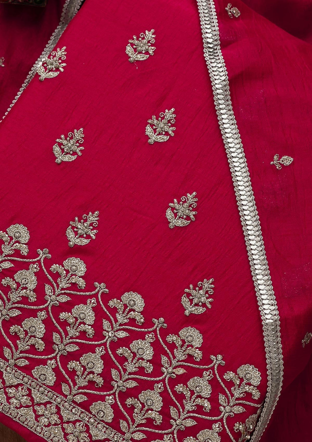 Rani Pink Silver Zariwork Raw Silk Unstitched Salwar Suit-Koskii