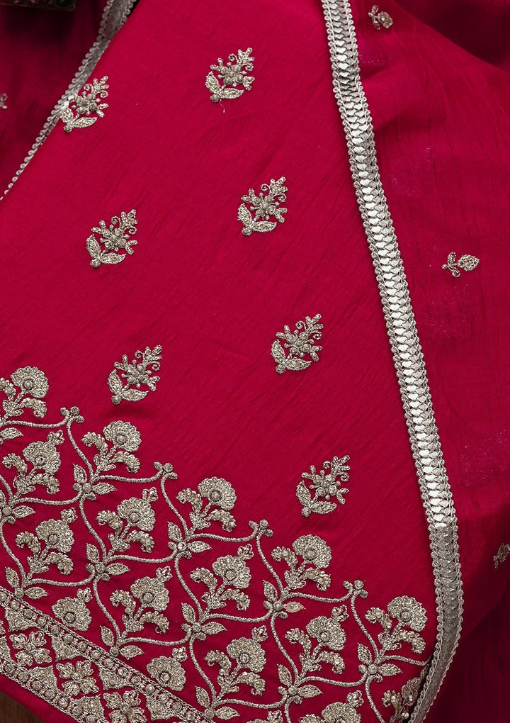 Rani Pink Silver Zariwork Raw Silk Unstitched Salwar Suit-Koskii