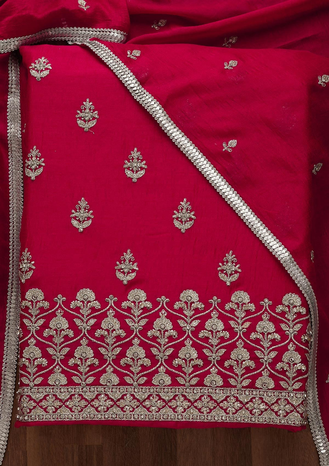 Rani Pink Silver Zariwork Raw Silk Unstitched Salwar Suit-Koskii