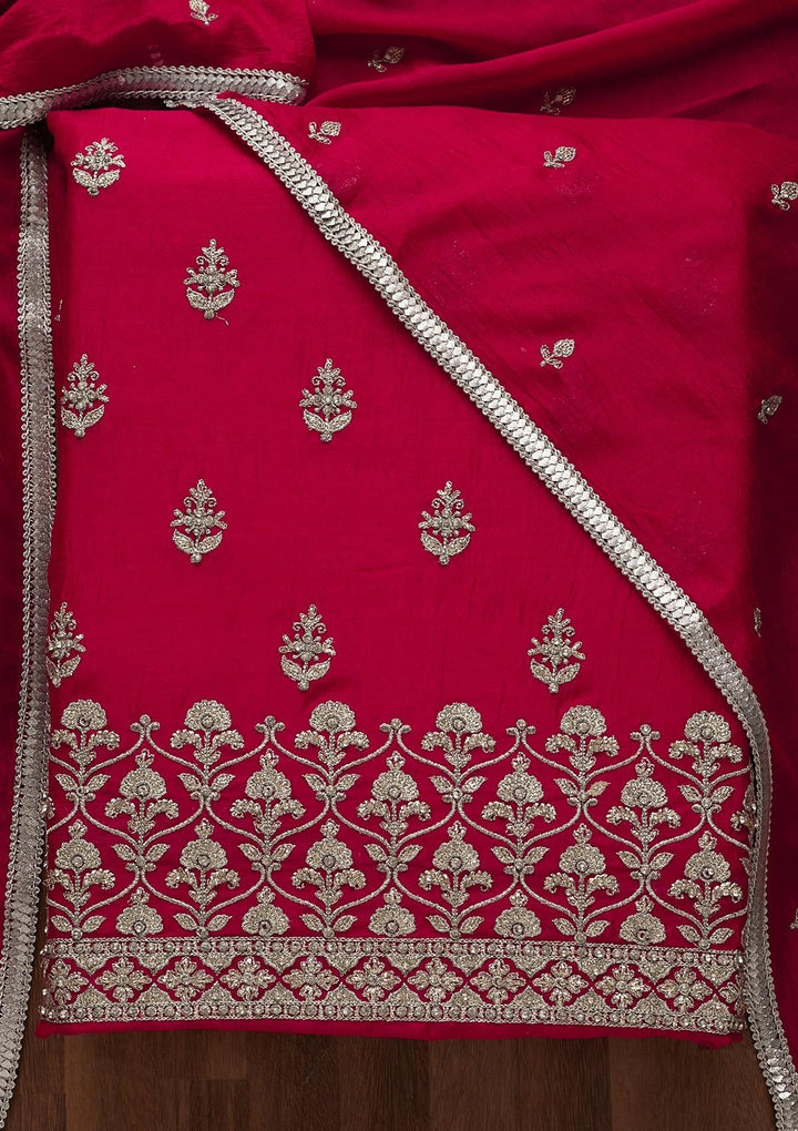 Rani Pink Silver Zariwork Raw Silk Unstitched Salwar Suit-Koskii