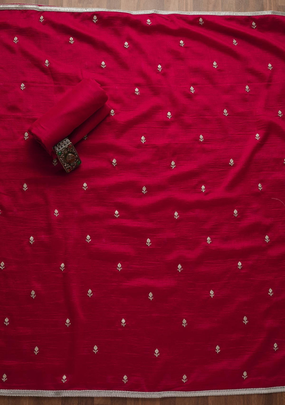 Rani Pink Silver Zariwork Raw Silk Unstitched Salwar Suit-Koskii