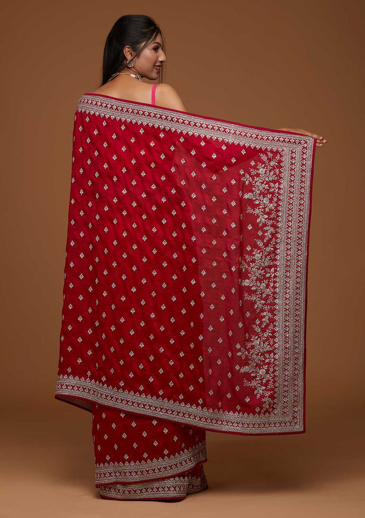 Rani Pink Silver Zariwork Raw Silk Saree-Koskii