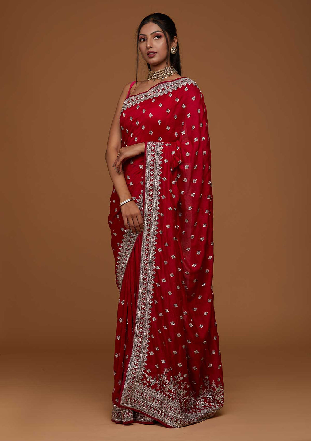 Rani Pink Silver Zariwork Raw Silk Saree-Koskii