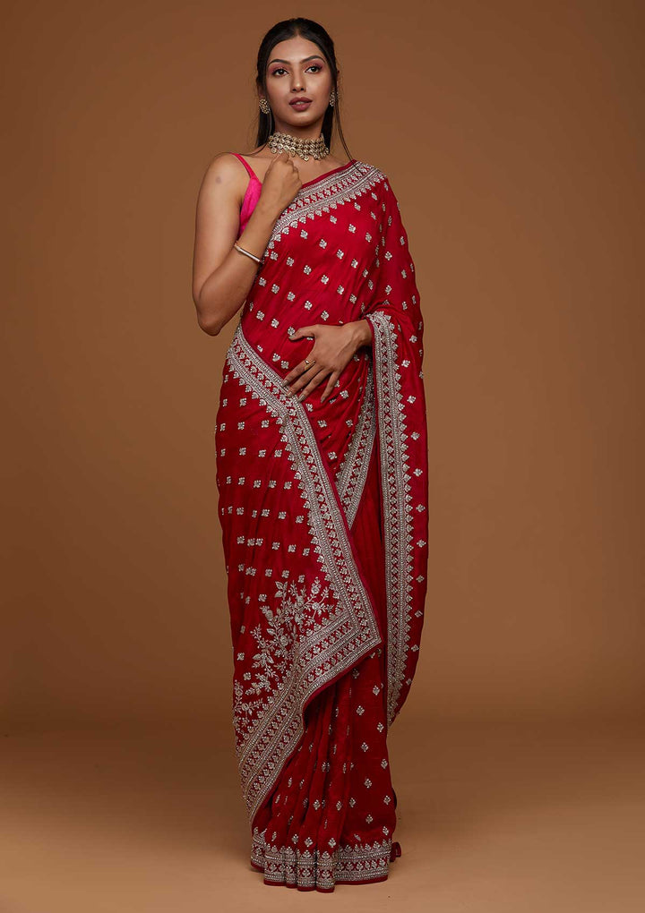 Rani Pink Silver Zariwork Raw Silk Saree-Koskii