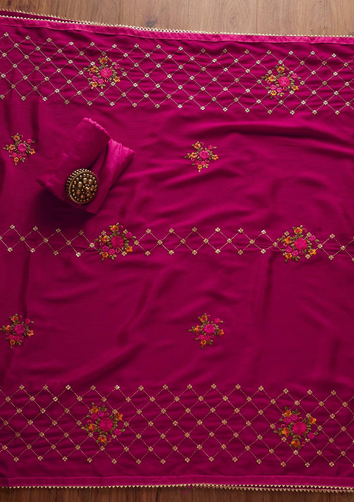 Rani Pink Sequins Chanderi Designer Unstitched Salwar Suit - Koskii