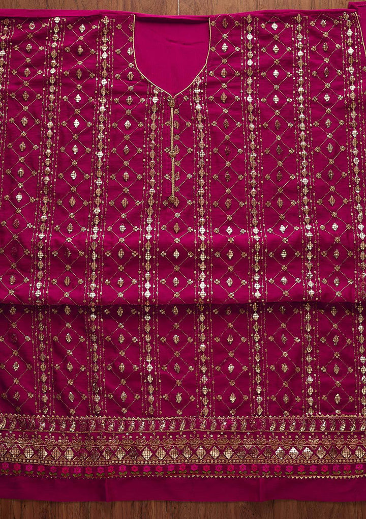 Rani Pink Sequins Chanderi Designer Unstitched Salwar Suit - Koskii