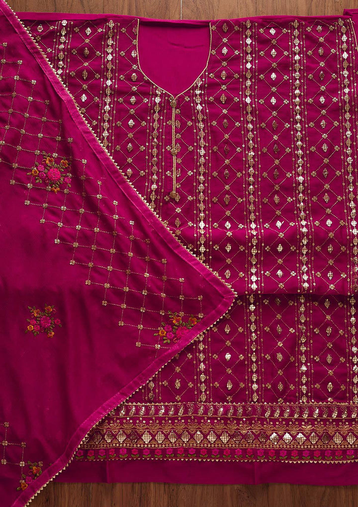 Rani Pink Sequins Chanderi Designer Unstitched Salwar Suit - Koskii