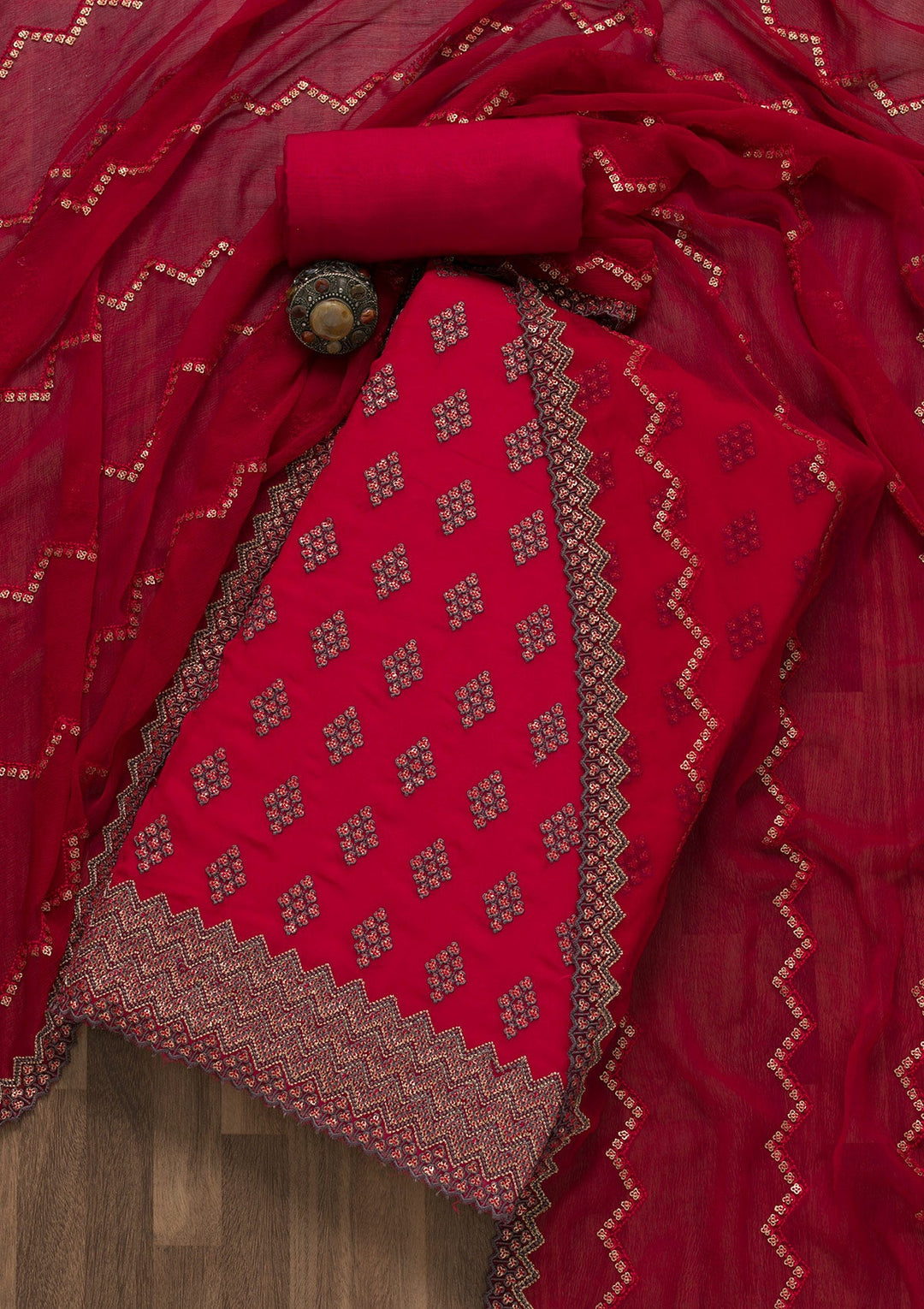 Rani Pink Sequins Georgette Unstitched Salwar Suit-Koskii