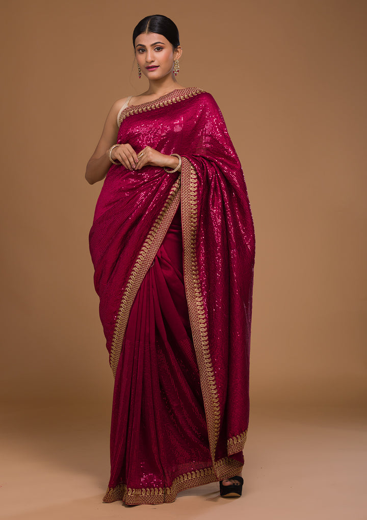 Rani Pink Sequins Georgette Designer Saree-Koskii