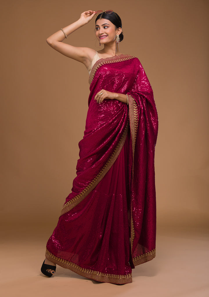 Rani Pink Sequins Georgette Designer Saree-Koskii