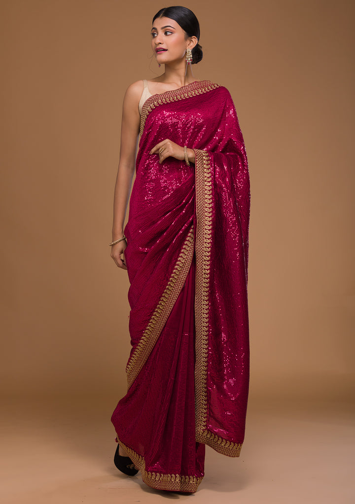 Rani Pink Sequins Georgette Designer Saree-Koskii