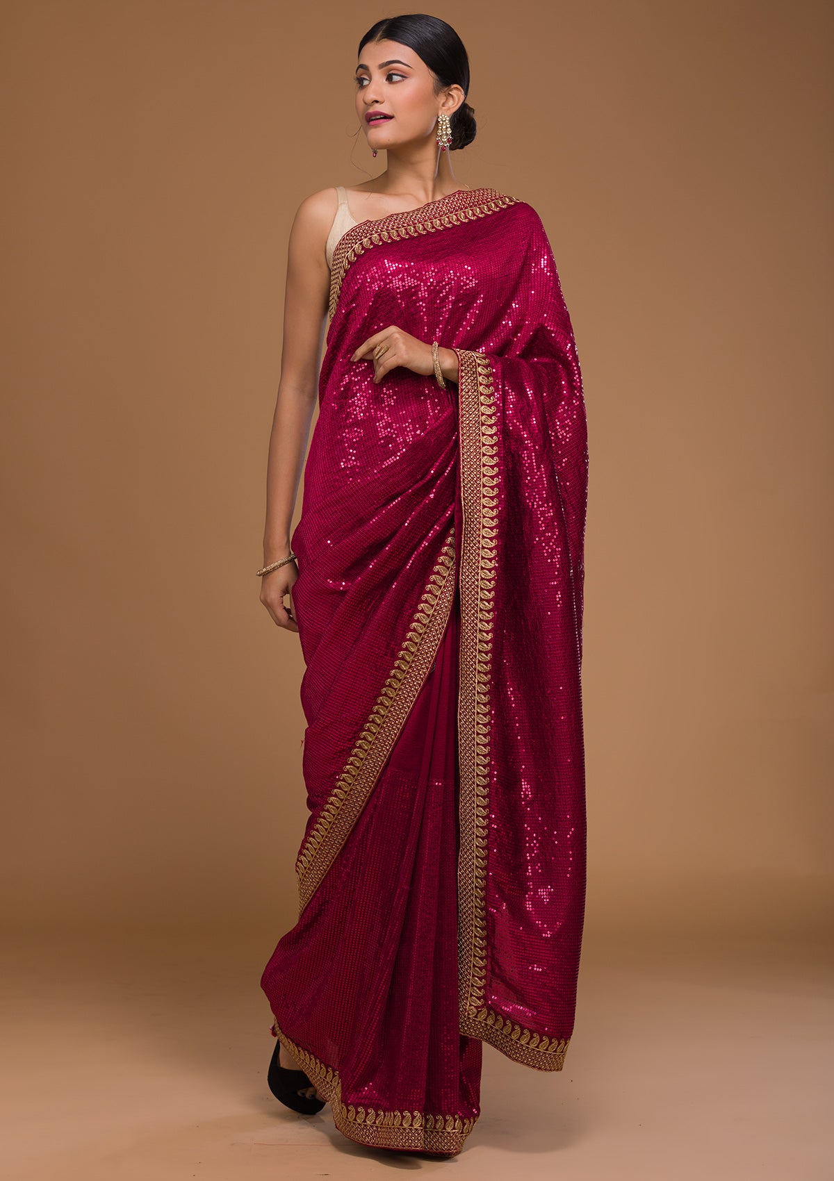 Rani Pink Sequins Georgette Designer Saree-Koskii