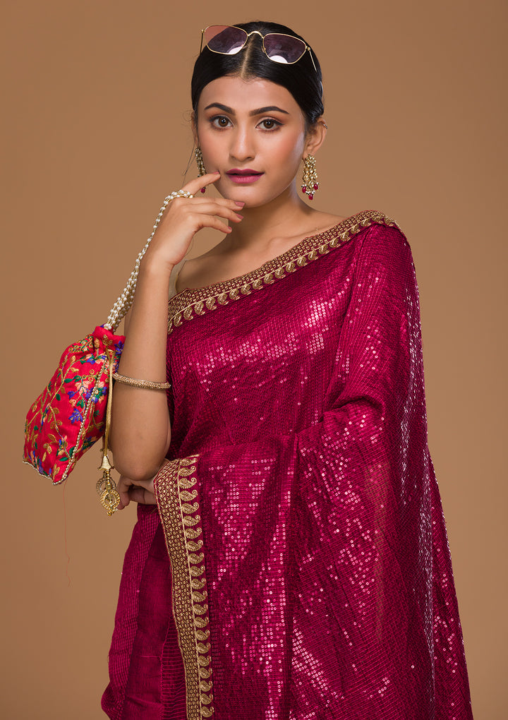 Rani Pink Sequins Georgette Designer Saree-Koskii