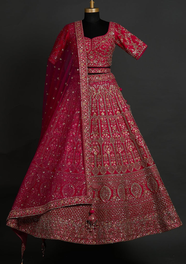 Rani Pink Sequins Raw Silk Designer Lehenga - koskii