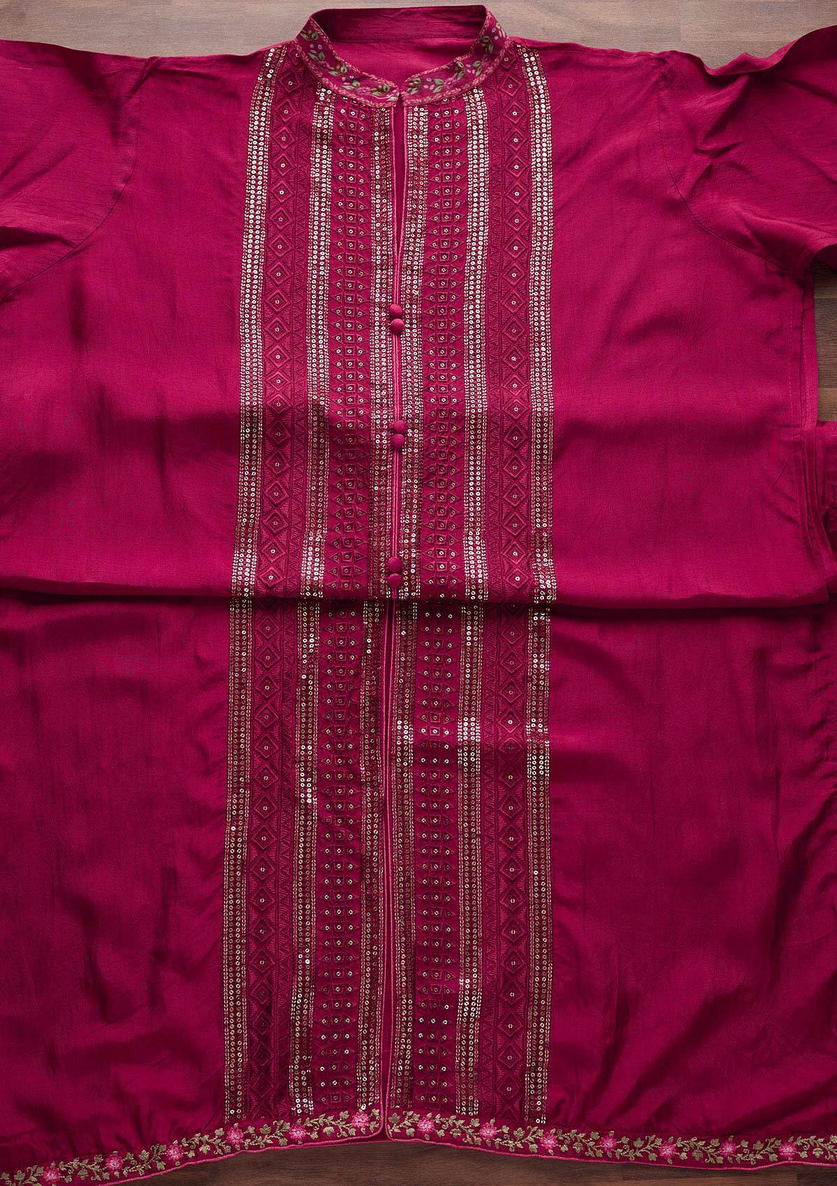 Rani Pink Sequins Semi Crepe Designer Semi-Stitched Salwar Suit - Koskii