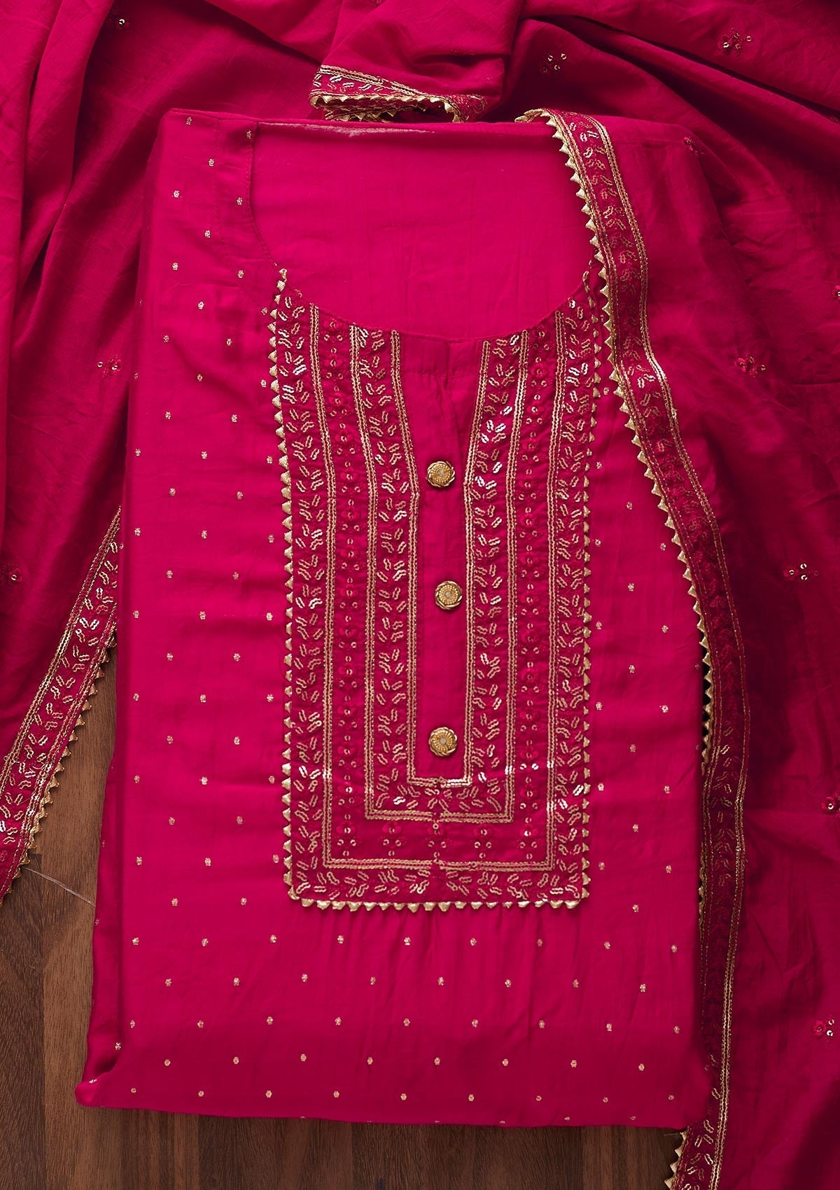 Rani Pink Sequins Semi Crepe Designer Semi-Stitched Salwar Suit - Koskii