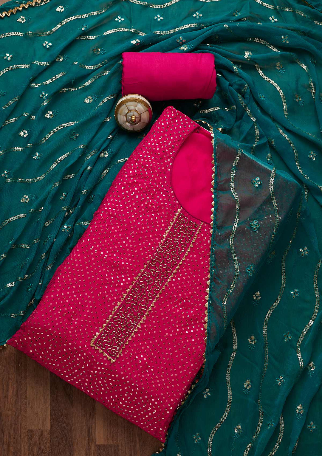 Rani Pink Sequins Semi Crepe Unstitched Salwar Suit-Koskii