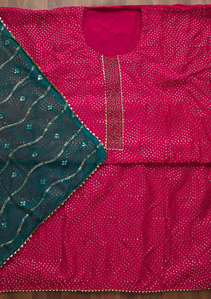 Rani Pink Sequins Semi Crepe Unstitched Salwar Suit-Koskii