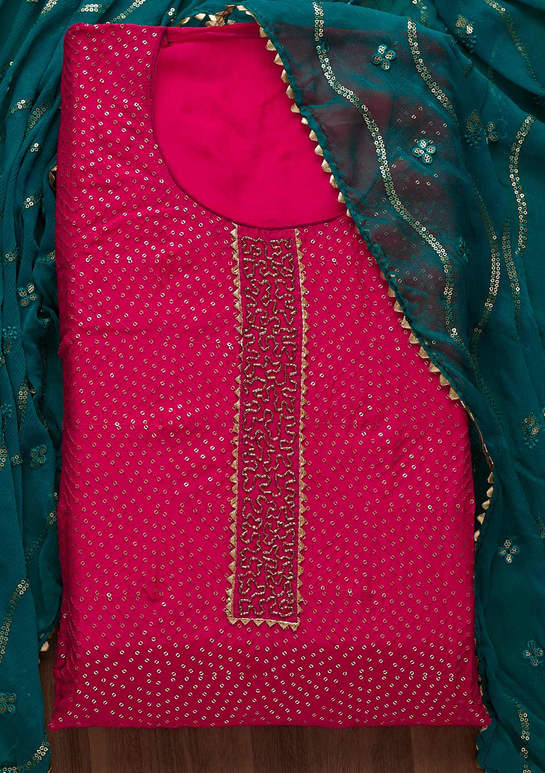 Rani Pink Sequins Semi Crepe Unstitched Salwar Suit-Koskii