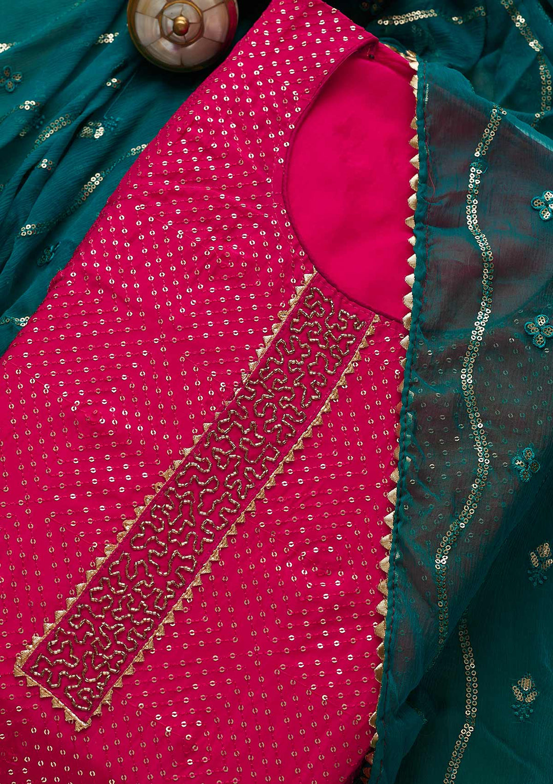 Rani Pink Sequins Semi Crepe Unstitched Salwar Suit-Koskii