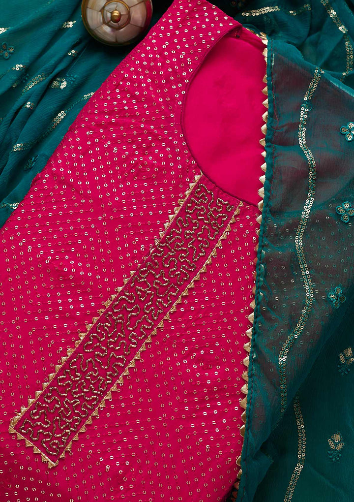 Rani Pink Sequins Semi Crepe Unstitched Salwar Suit-Koskii