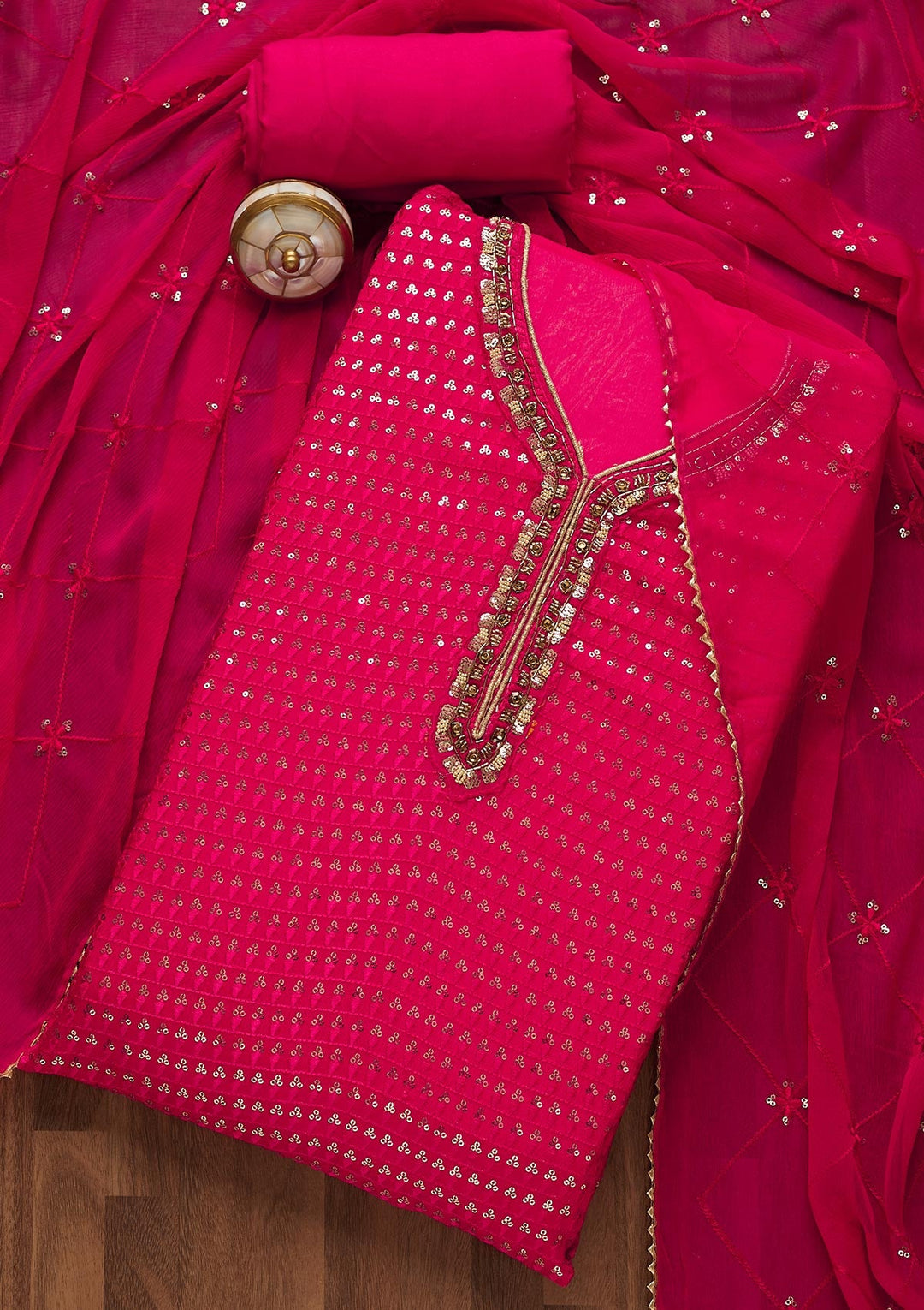 Rani Pink Sequins Semi Crepe Unstitched Salwar Suit-Koskii