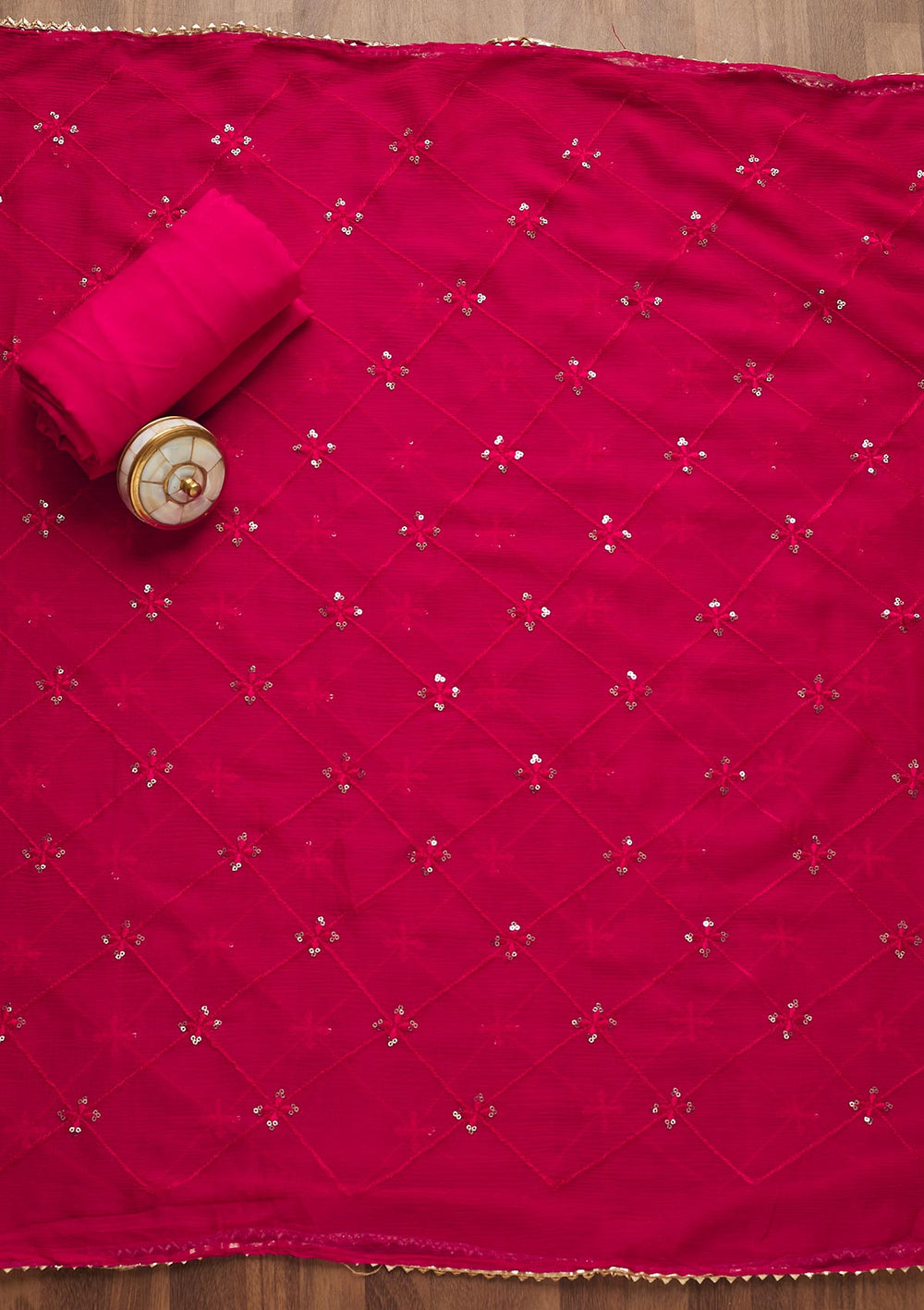 Rani Pink Sequins Semi Crepe Unstitched Salwar Suit-Koskii