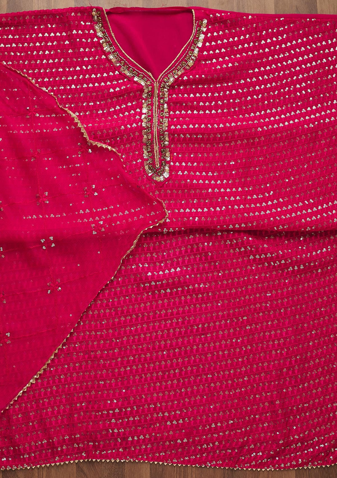 Rani Pink Sequins Semi Crepe Unstitched Salwar Suit-Koskii