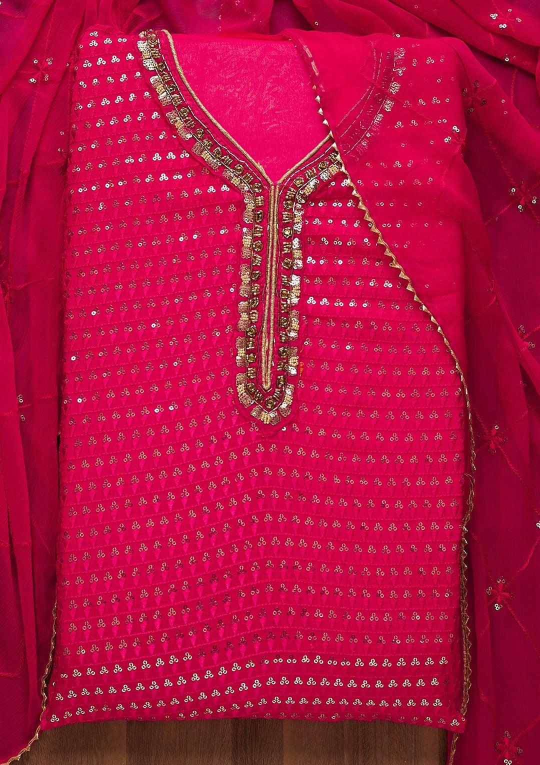 Rani Pink Sequins Semi Crepe Unstitched Salwar Suit-Koskii