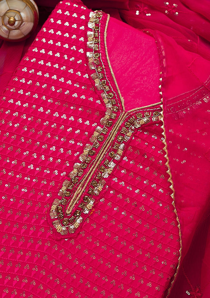 Rani Pink Sequins Semi Crepe Unstitched Salwar Suit-Koskii