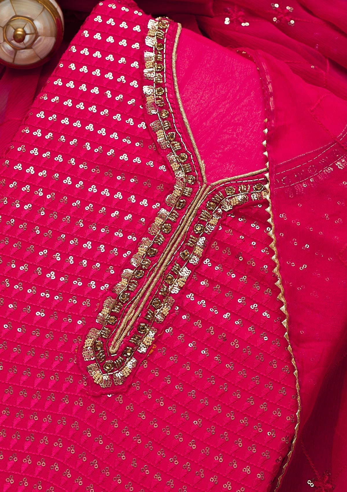 Rani Pink Sequins Semi Crepe Unstitched Salwar Suit-Koskii
