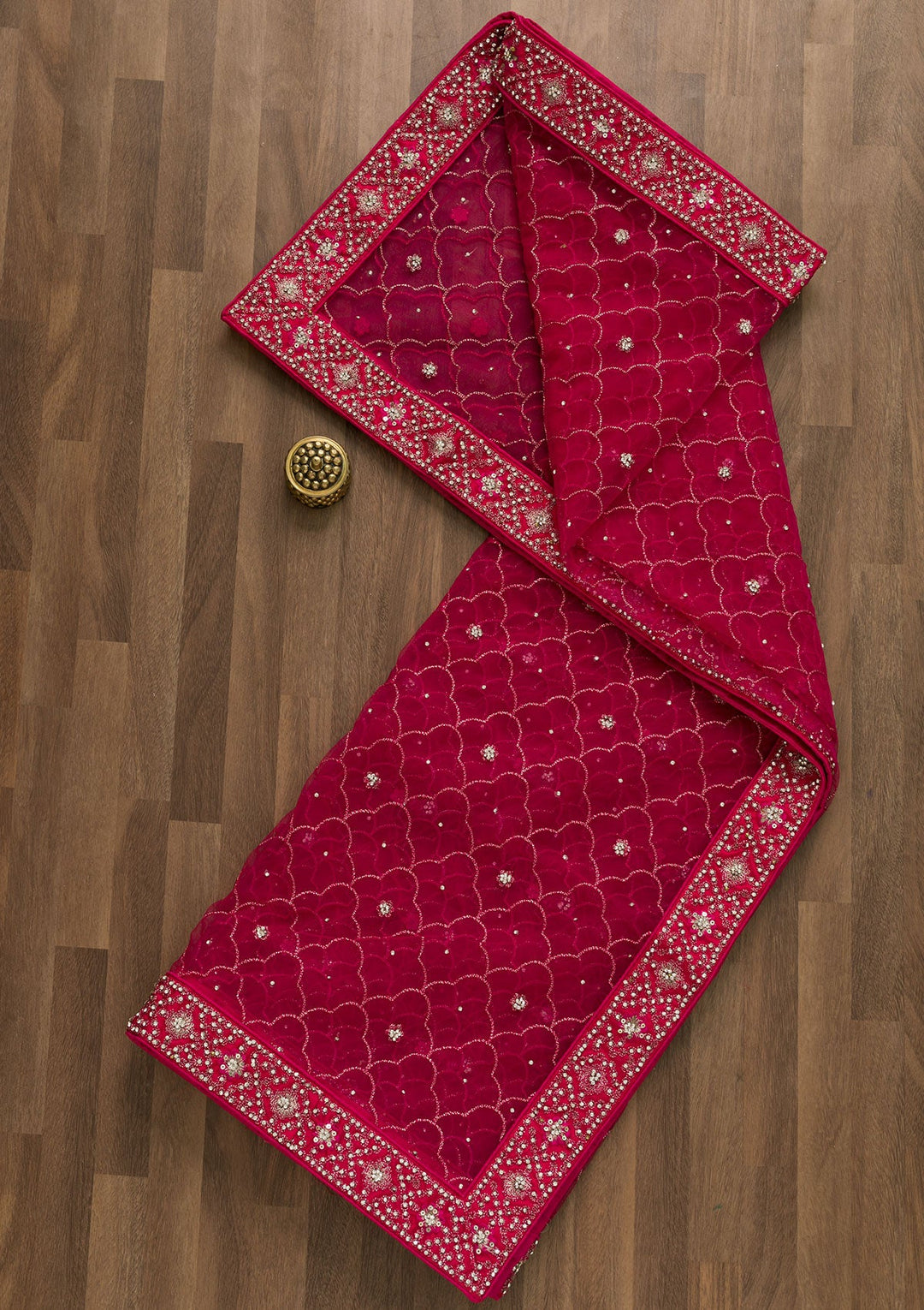 Rani Pink Silver Stonework Net Dupatta-Koskii