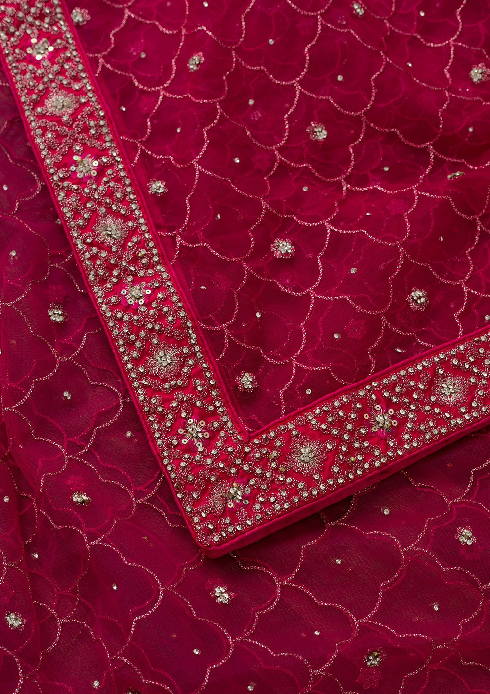 Rani Pink Silver Stonework Net Dupatta-Koskii