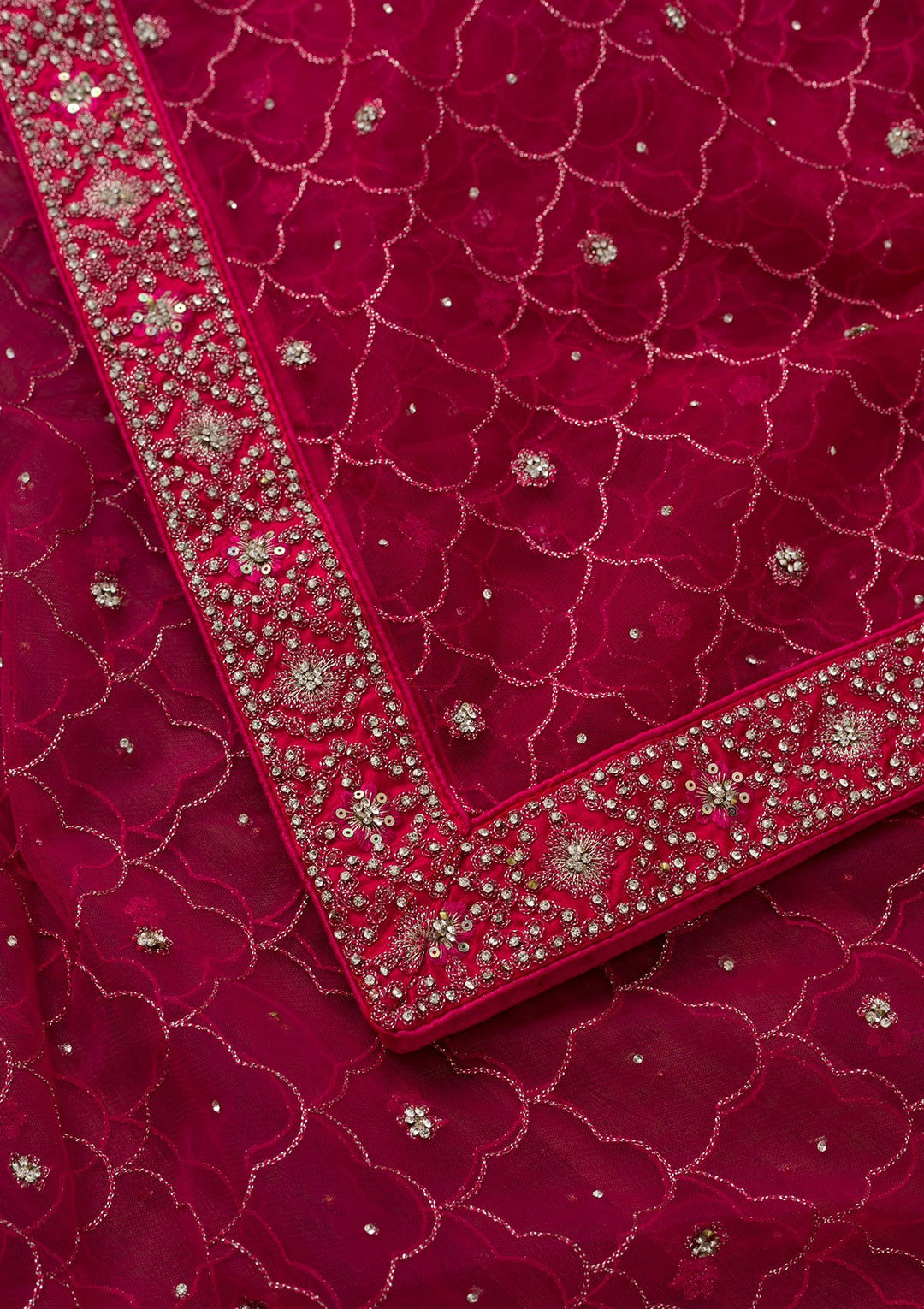 Rani Pink Silver Stonework Net Dupatta-Koskii