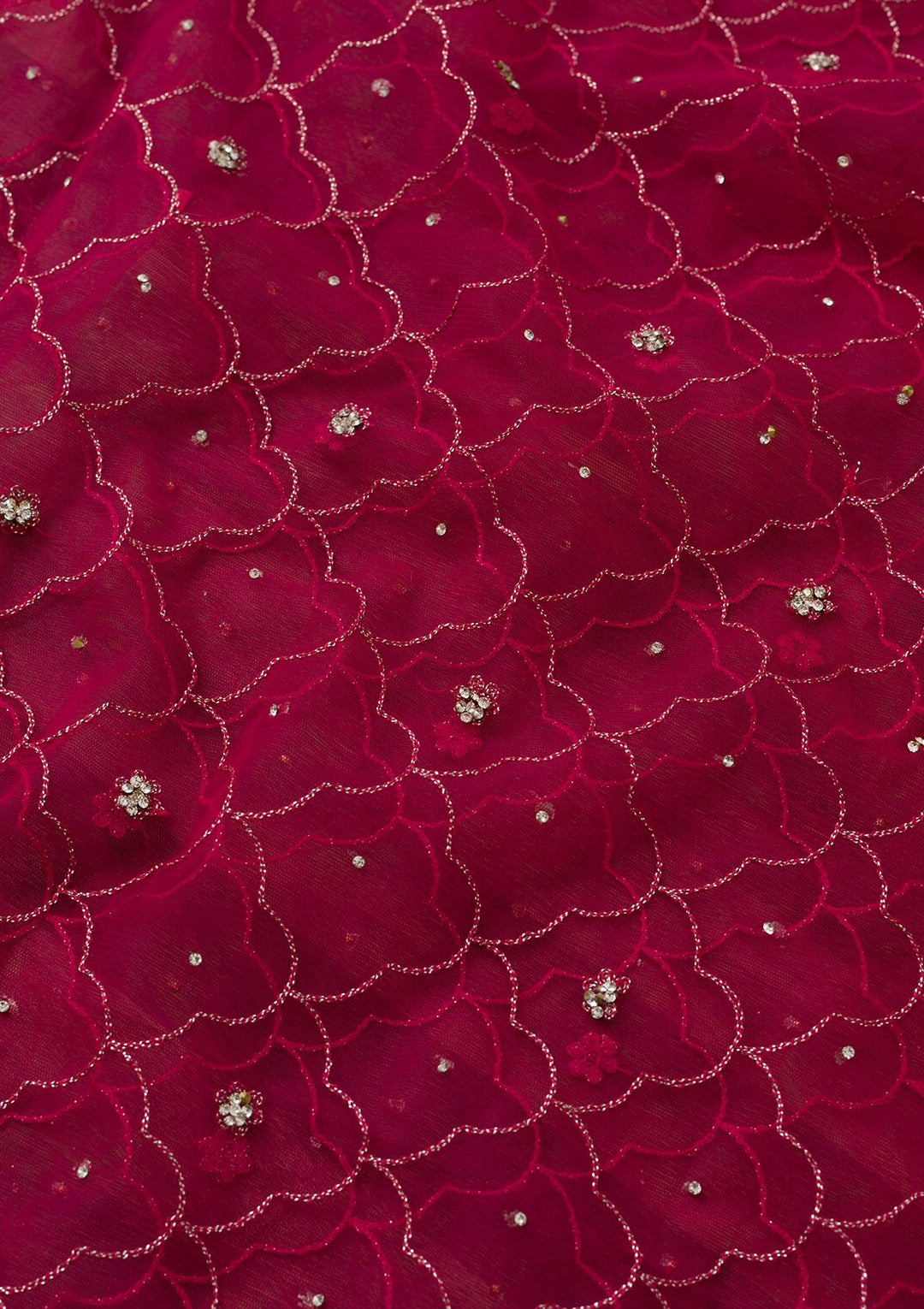 Rani Pink Silver Stonework Net Dupatta-Koskii