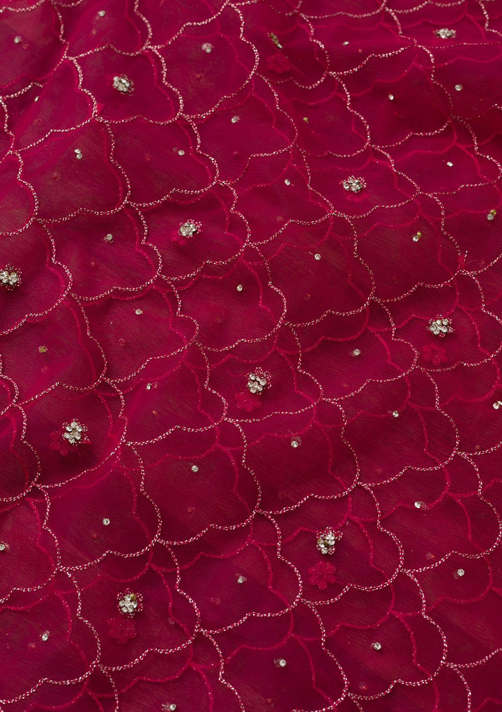 Rani Pink Silver Stonework Net Dupatta-Koskii