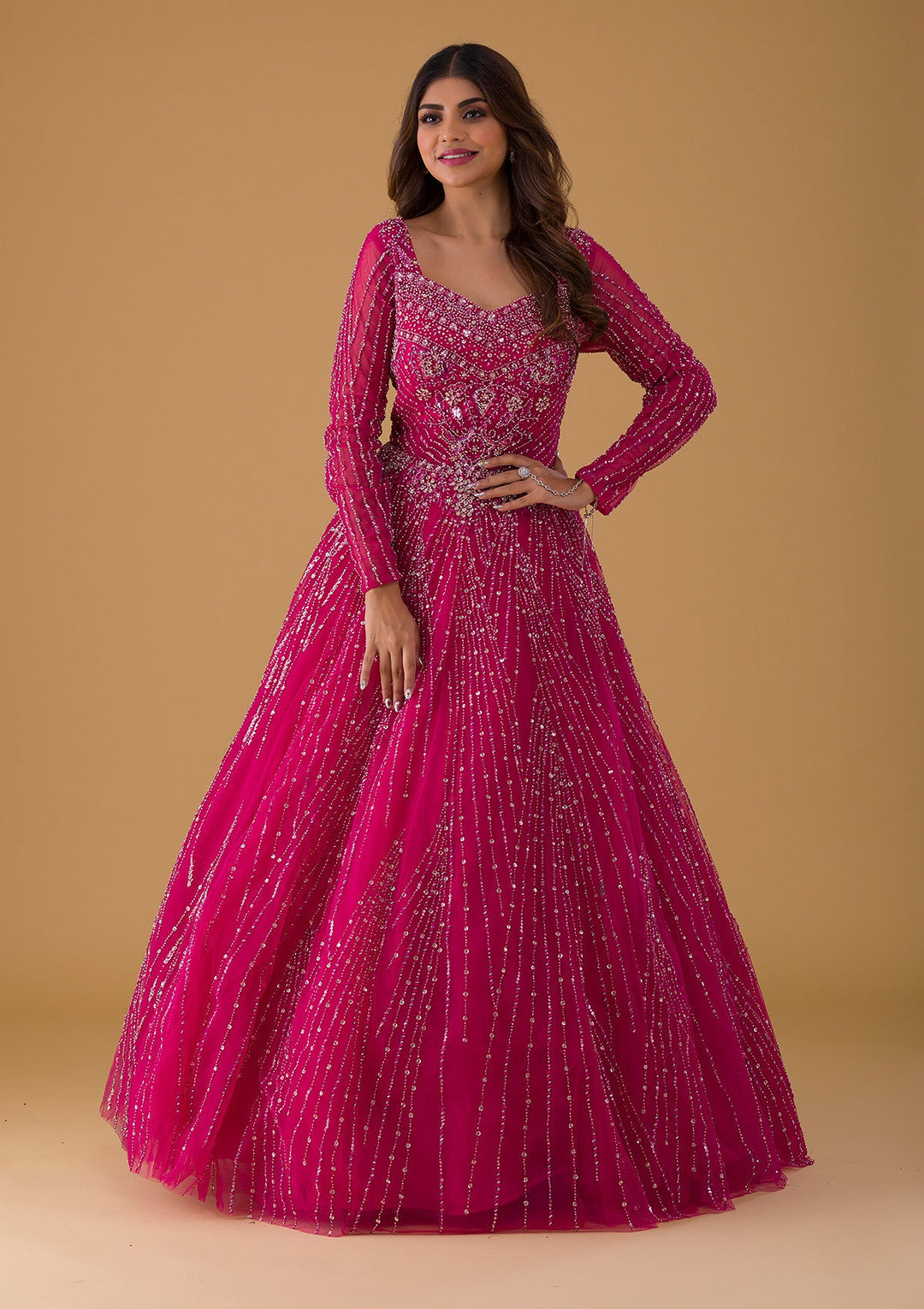 Rani Pink Silver Stonework Net Gown-Koskii