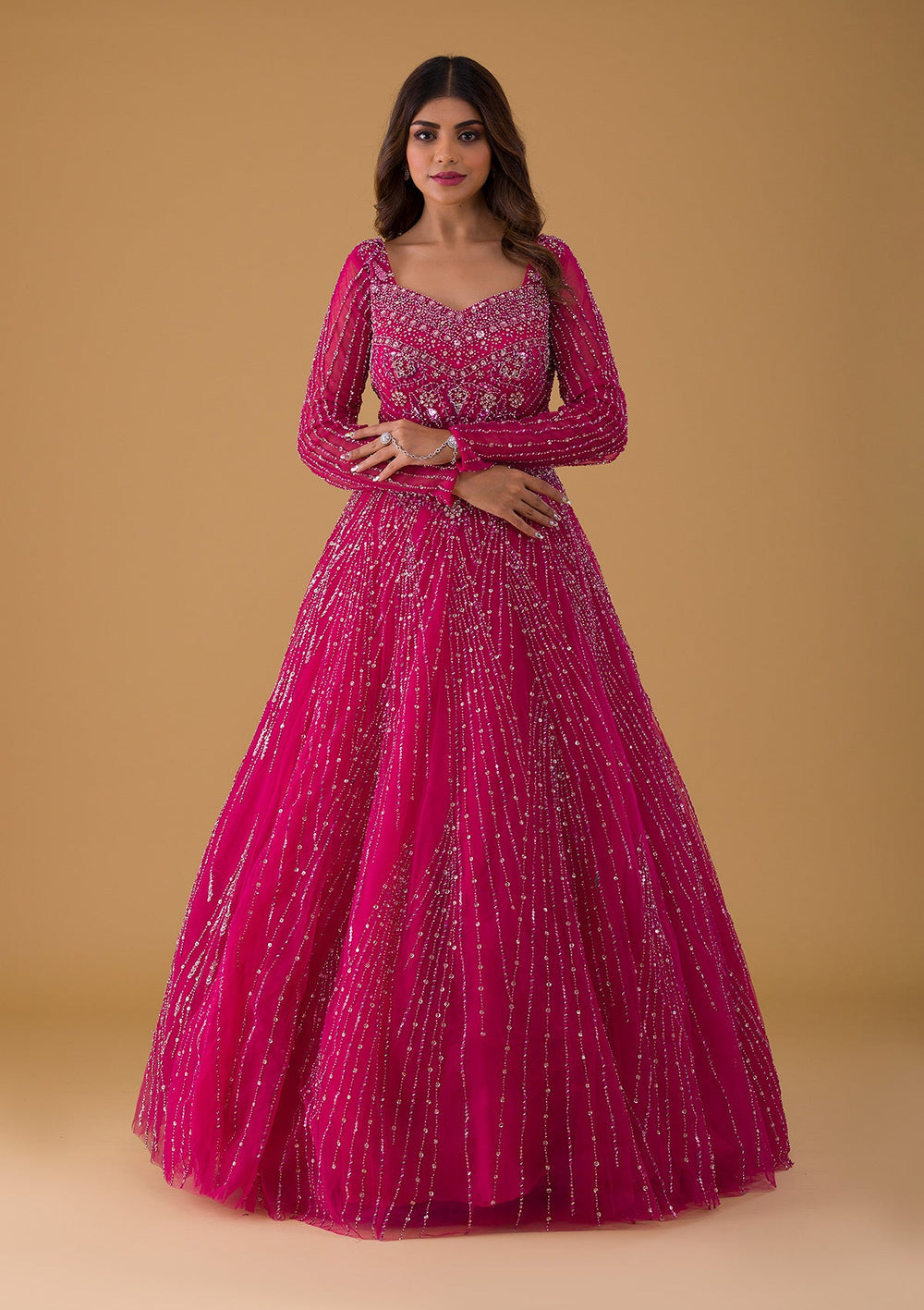 Rani Pink Silver Stonework Net Gown-Koskii