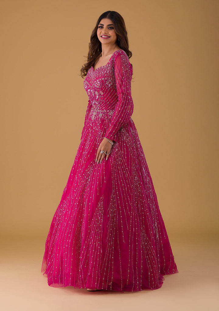 Rani Pink Silver Stonework Net Gown-Koskii