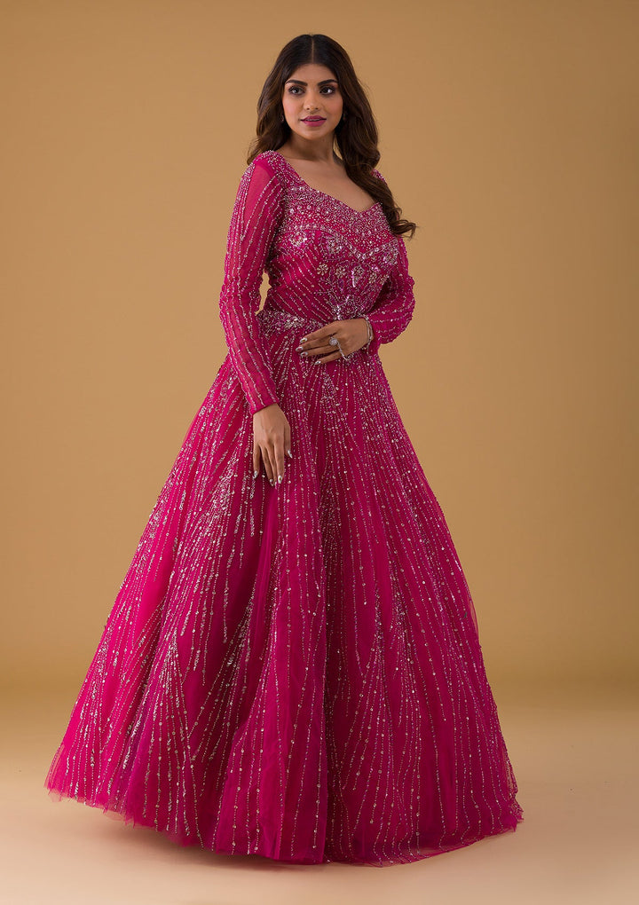 Rani Pink Silver Stonework Net Gown-Koskii