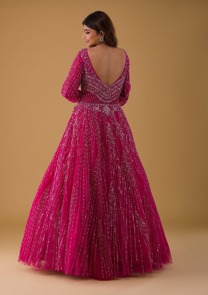 Rani Pink Silver Stonework Net Gown-Koskii