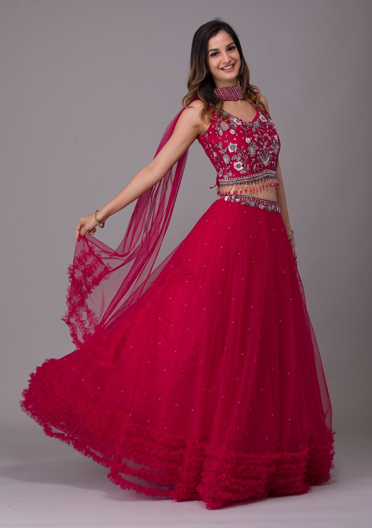 Rani Pink Silver Stonework Net Designer Lehenga-Koskii